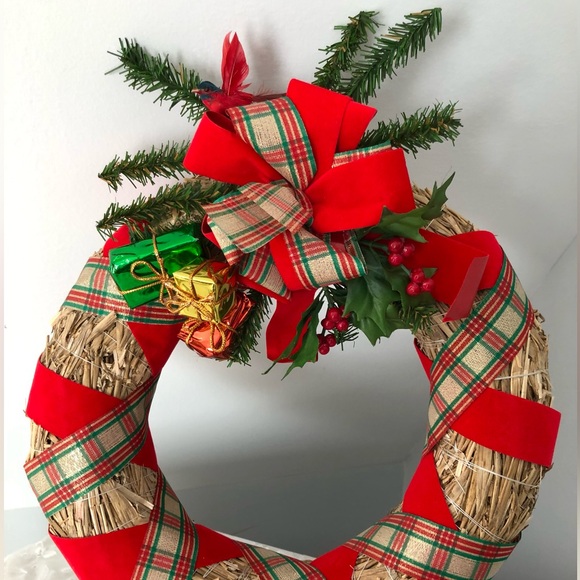 🎅🏻Holiday Red Plaid Cardinal Mistletoe Christmas Wreath - Picture 2 of 6
